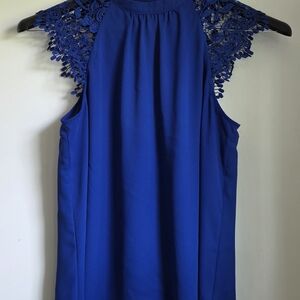 Express Royal Blue Sleeveless Blouse with Crochet Yoke